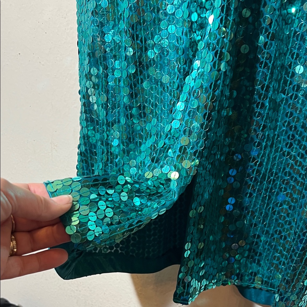 80s Vintage Teal Sequin Long Sleeve MIDI Dress with Peplum Large - Picture 7 of 9